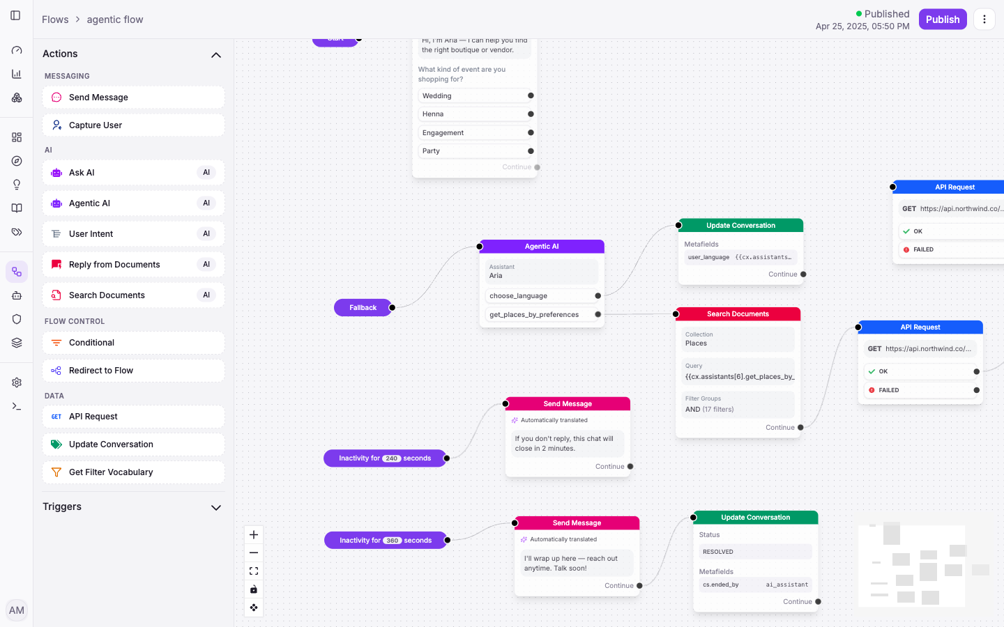 Vivollo visual flow builder canvas with connected nodes