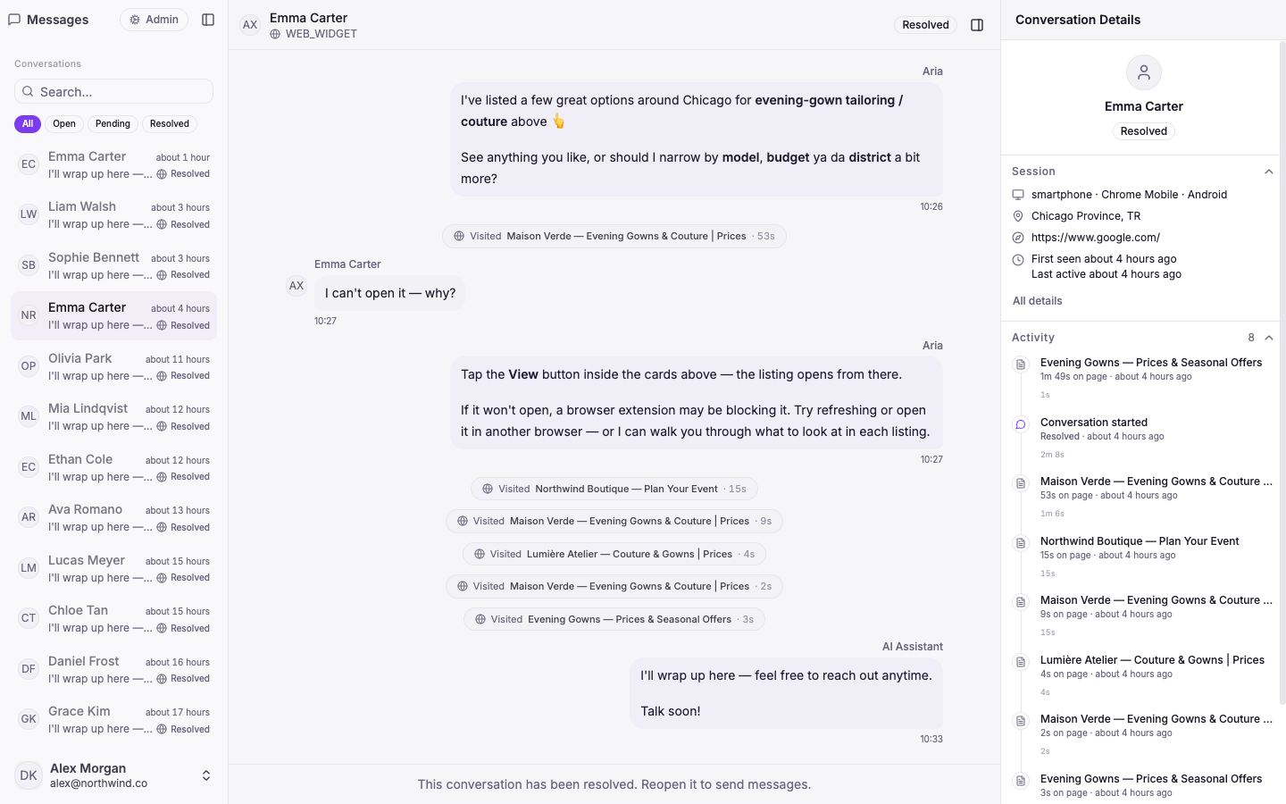 AI agent replying with product carousel cards in a Vivollo inbox conversation